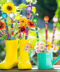 Awesome DIY Fairy Wand Garden Stakes Kit Includes 230pcs Colorful Beads And Complete Parts, colorful bead stakes in boots and watering can.