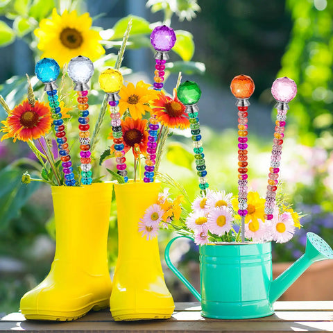 Awesome DIY Fairy Wand Garden Stakes Kit Includes 230pcs Colorful Beads And Complete Parts, colorful bead stakes in boots and watering can.