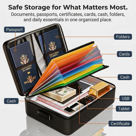 Fireproof Document Box With Lock Soft Shell For Important Papers Passports Certificates And A 14 Inch Laptop open with documents