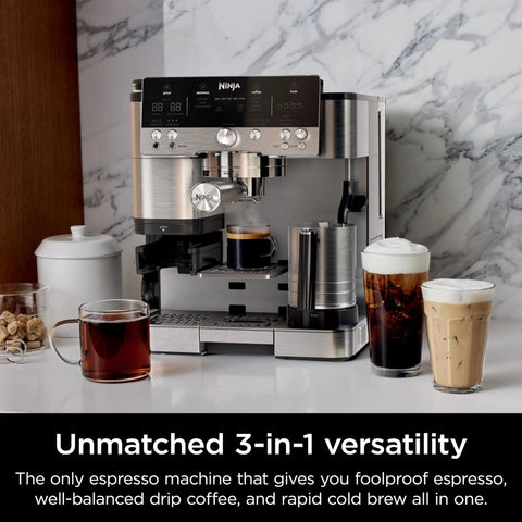 R-ES601 Luxe Café Premier Series 3-In-1 Espresso Machine for espresso, drip coffee, and cold brew with cups filled on countertop