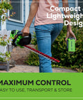 Person holding 40V Cordless Hedge Trimmer With 24-Inch Steel Blades 1-Inch Cutting Capacity 2Ah Battery And USB Charger Included.