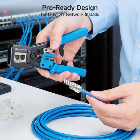 Pass Through RJ45 Crimp Tool for Cat6 Ethernet Cables With Built In Wire Cutter And Stripper shown in use with blue cable