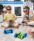 Children playing with Aqua Racer Remote Control Car for Kids, 360 Degree Double Sided RC Vehicle with LED headlights on wooden floor
