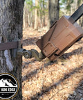 Universal Trail Camera Mount With Standard Camera Thread And 360 Degree Leveling Plus 180 Degree Tilt No Sweat Strap Rig mounted on a tree.