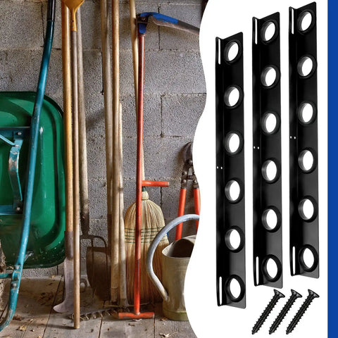 Four black 6-hole landscape trailer racks with rubber grommets and mounting hardware for lawn tools, shown in garage setting.