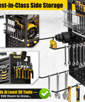 Power Tool Organizer Wall Mount With Eight Outlet Charging Hub Cordless Drill Holder showing side storage for tools.