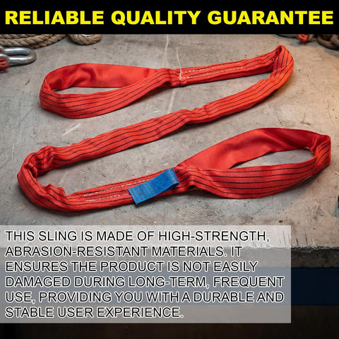 Two Pack 8.2 Foot Eye and Eye Polyester Round Lift Slings Set displayed on workbench, red color, heavy-duty double loop design.