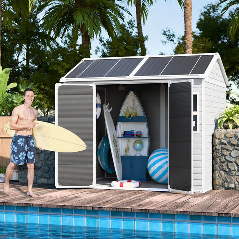 8x6 Ft Resin Storage Shed With Floor, Waterproof Outdoor Tool Shed, Lockable Door And Two Windows by poolside with surfboards.