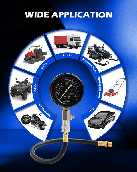 8-Piece Gas Engine Cylinder Pressure Test Kit With 300 PSI Dual Gauge, All-In-One Compression Tester Set For Cars And Small Engines, Includes Adapters, Connectors, And Flexible Extension Hose. Wide application for cars, trucks, ATVs