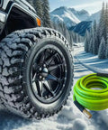 Air Hose 3/8 In By 10 Ft Beefed-Up Heavy Duty Hybrid Air Compressor Hose With Kink Resistant Design shown near a snow tire and snowy landscape