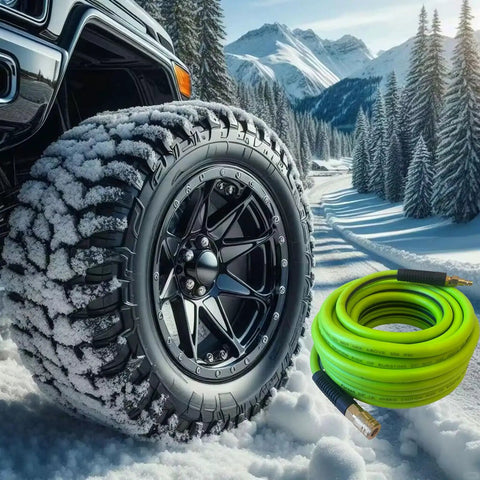 Air Hose 3/8 In By 10 Ft Beefed-Up Heavy Duty Hybrid Air Compressor Hose With Kink Resistant Design shown near a snow tire and snowy landscape