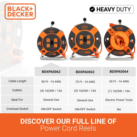 Heavy Duty 50 Ft Retractable Extension Cord Reel With 4 Outlets, Easy Rewind Handle, 14 AWG SJTW Cable shown with other models