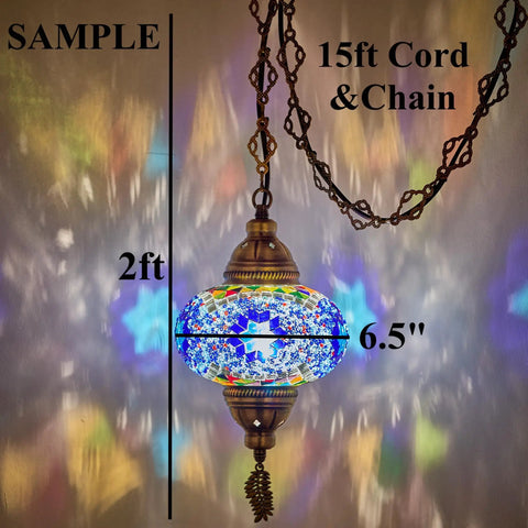Turkish Mosaic Plug In Swag Pendant Light With 6.5 Inch Globe Large Hanging Ceiling Lamp Dope Boho Moroccan Vibe 15 Foot Cord And Chain US And Canada Plug Handmade Mosaic Glass Decor Mediterranean Style Lighting illuminating wall