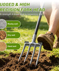Person using Rugged 46 Inch Garden Pitch Fork With Four Tines Heavy Duty Steel Ergonomic D Handle Anti Rust Coating Ideal For Digging Soil