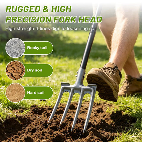 Person using Rugged 46 Inch Garden Pitch Fork With Four Tines Heavy Duty Steel Ergonomic D Handle Anti Rust Coating Ideal For Digging Soil