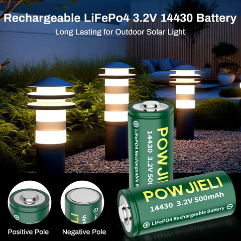 Close-up of LiFePO4 14430 Rechargeable Battery 3.2V 500mAh Four Pack for solar garden lights with outdoor battery usage.