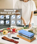 Knife Sharpening Stone Kit With 4-Side 400 1000 And 3000 8000 Grits on wood base with manual and accessories in kitchen setting.