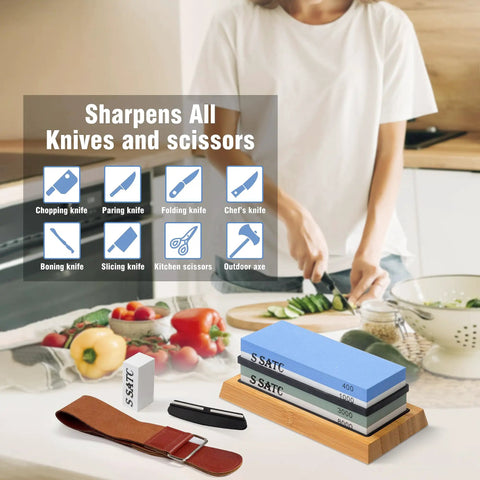 Knife Sharpening Stone Kit With 4-Side 400 1000 And 3000 8000 Grits on wood base with manual and accessories in kitchen setting.