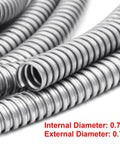 Close-up of 25 Ft 3/4 Inch Reduced Wall Flexible Metal Conduit for low voltage outdoor wiring, galvanized steel with smooth interior, internal diameter 0.779"