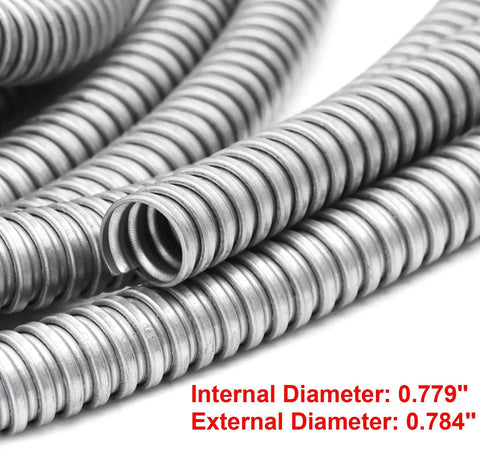 Close-up of 25 Ft 3/4 Inch Reduced Wall Flexible Metal Conduit for low voltage outdoor wiring, galvanized steel with smooth interior, internal diameter 0.779"