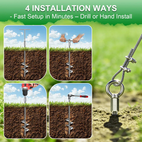 4 installation methods of Heavy Duty Shed Anchor Kit 30 Inch Ground Anchors Screw In 2 Pack with T Handle and Drill Bit Adapter