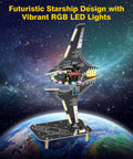 DIY Spaceship Soldering Practice Kit With LED Light Modules illuminated with RGB LEDs on interlocking PCB design, space background.