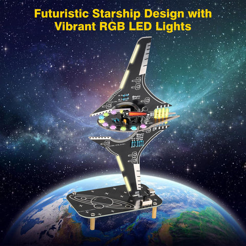 DIY Spaceship Soldering Practice Kit With LED Light Modules illuminated with RGB LEDs on interlocking PCB design, space background.