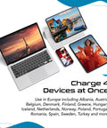 Must Have European Travel Adapter Set With 20W PD And QC for charging 4 devices at once, shown with electronics.