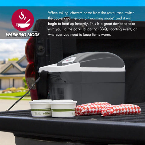Compact 6 Quart Thermoelectric Cooler And Warmer For Car Rv And Truck with warming mode beside takeaway food containers.