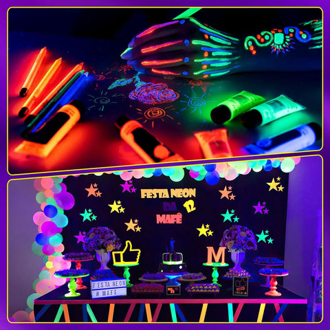 Neon glow party setup with vibrant UV decorations using 60W Black Light Bar With Remote 72 LED Flood UV Light 3 Light Modes