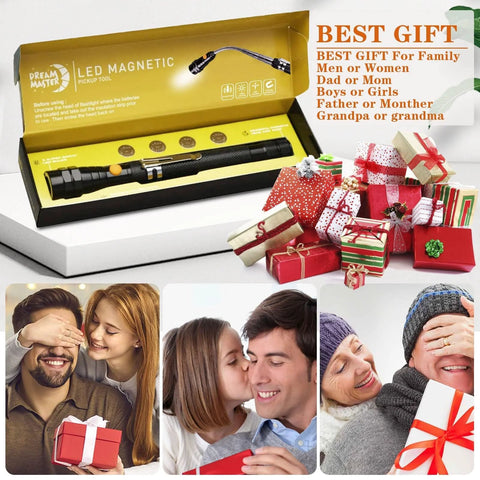 Magnetic pickup tool with LED flashlight, telescoping, black handle in yellow Amazon packaging