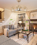 Caged Ceiling Fan with Light Wireless Control Gold Iron for Bedroom installed in a cozy living room with grey sofa.