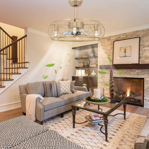Caged Ceiling Fan with Light Wireless Control Gold Iron for Bedroom installed in a cozy living room with grey sofa.