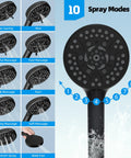 10 spray settings on handheld of 12 Inch All Metal High Pressure Rainfall Shower Head Combo With Handheld, black matte finish