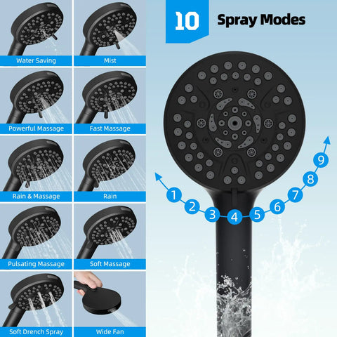 10 spray settings on handheld of 12 Inch All Metal High Pressure Rainfall Shower Head Combo With Handheld, black matte finish