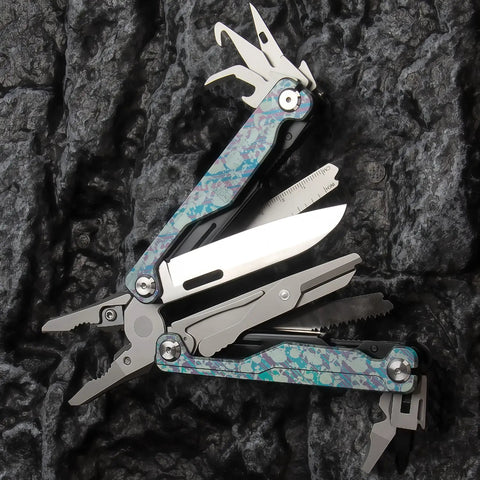 Camouflage Titanium Multitool Pliers Built Beefy With 420 Stainless Plier Head And 440 Steel Accessories on dark rock