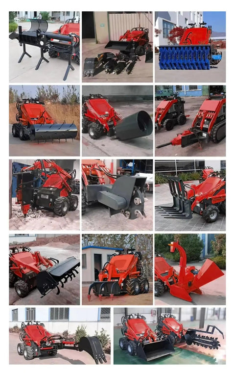 Red compact skid steer loader with quick tach system attachments for pavement repair debris removal barn cleaning all terrain use