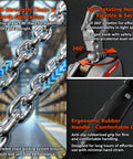 Close-up of half ton chain hoist come along with 1100 lbs capacity, highlighting high-strength steel chain and ergonomic features.