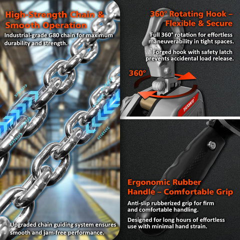 Close-up of half ton chain hoist come along with 1100 lbs capacity, highlighting high-strength steel chain and ergonomic features.
