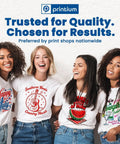 Four people wearing printed T-shirts with text 'Trusted for Quality. Chosen for Results.' above them.