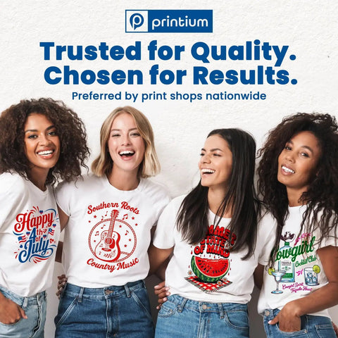 Four people wearing printed T-shirts with text 'Trusted for Quality. Chosen for Results.' above them.