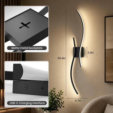No Brainer Wireless Led Wall Sconces With Rock Solid 10000Mah Battery, 3CCT Lighting Tweak, Slick Black Shell, Quick Snap Install, Long Enduring Rechargeable Home Accent 2 Pack - stylish curved design with matte black metal backplate and USB-C interface.