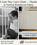 No Drill Baby Gate for Stairs with vertical reinforced fabric, prevents climbing, portable fabric gate for kids and pets, easy setup.