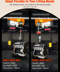 Front view of electric hoist with single-hook on orange trolley; wired remote, 440 lb cap, 65.6 ft max, 33 ft/min.

Front view of electric hoist with double-hook pulley on orange trolley; 880 lb cap, 33 ft max, 16 ft/min.