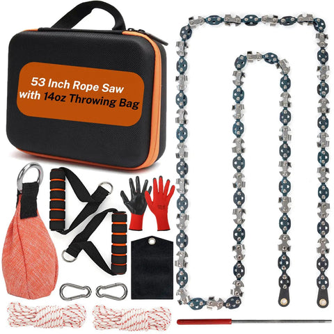 53 Inch High Limb Rope Saw Kit With 68 Teeth On Both Sides, 14Oz Throw Weight Bag, ergonomic handles, storage case, carabiner