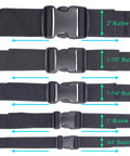 Various sizes of black quick side release buckles on nylon straps; image shows 2", 1.5", 1.25", 1", and 0.75" sizes labeled with arrows.