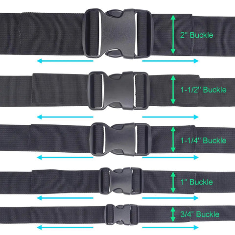 Various sizes of black quick side release buckles on nylon straps; image shows 2", 1.5", 1.25", 1", and 0.75" sizes labeled with arrows.