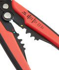 Close-up of Self Adjusting Wire Stripper And Crimping Tool For 10 To 24 AWG Wires Easy Grip No Fuss Stripping Durable Black Red Finish