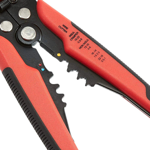 Close-up of Self Adjusting Wire Stripper And Crimping Tool For 10 To 24 AWG Wires Easy Grip No Fuss Stripping Durable Black Red Finish