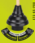 Heavy Duty Toilet Plunger Featuring Double Thrust Rubber Cup And Sturdy Wooden Handle Commercial Grade Drain Unclogger with usage instructions.